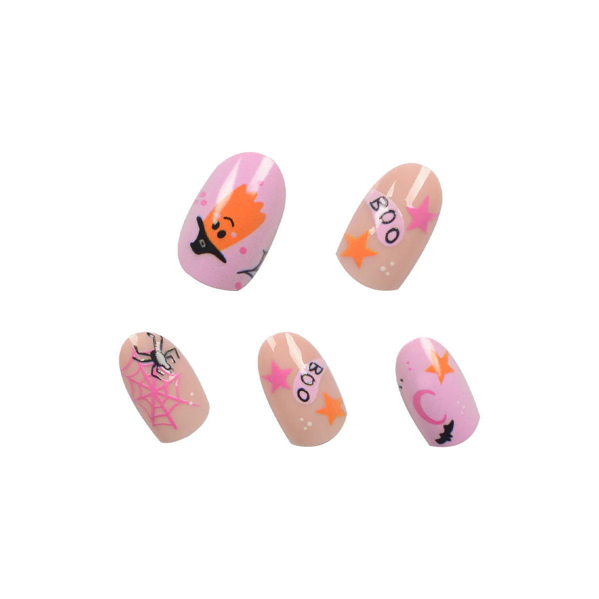 Spooky Charm Short Oval Pink Halloween Press on Nail Set with Glitter Accents and Cute Spooky Designs
