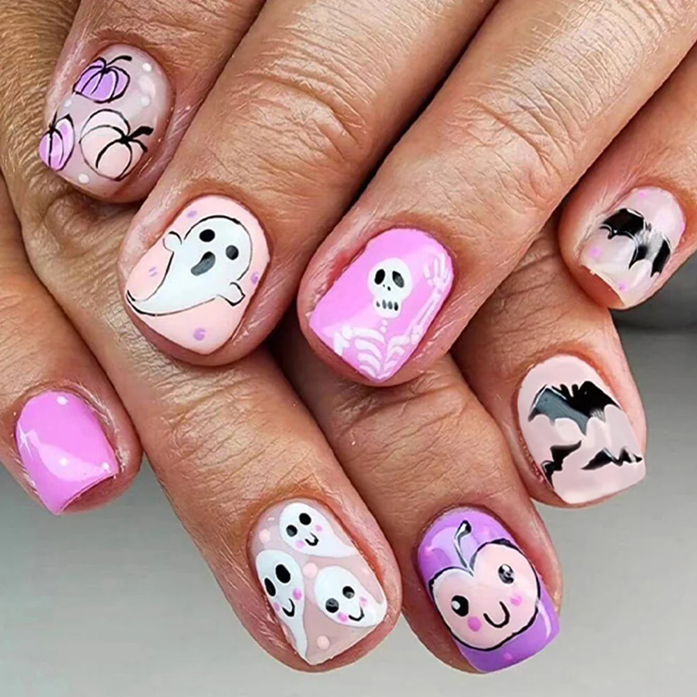 Spooky Charm Short Square Pink Press On Nails with Cute Ghost and Skull Designs