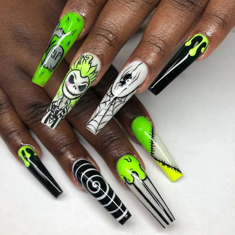 Spooky Elegance Extra Long Coffin Black And Neon Green Press On Nail Set With Halloween Artwork Design