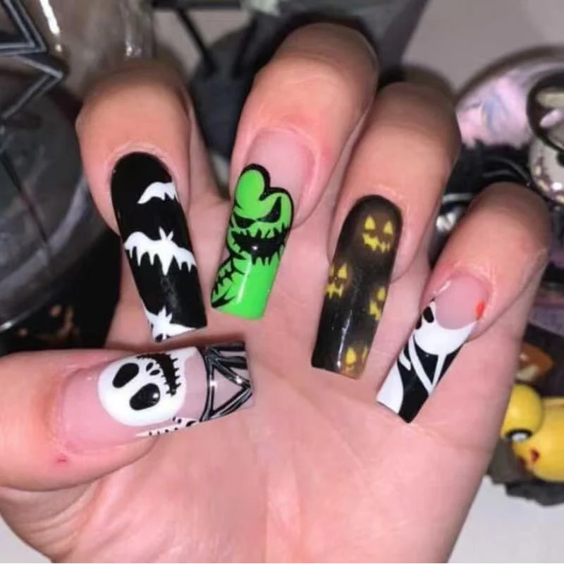 Spooky Elegance Extra Long Square Press On Nails in Black and Green with Halloween Themed Artwork