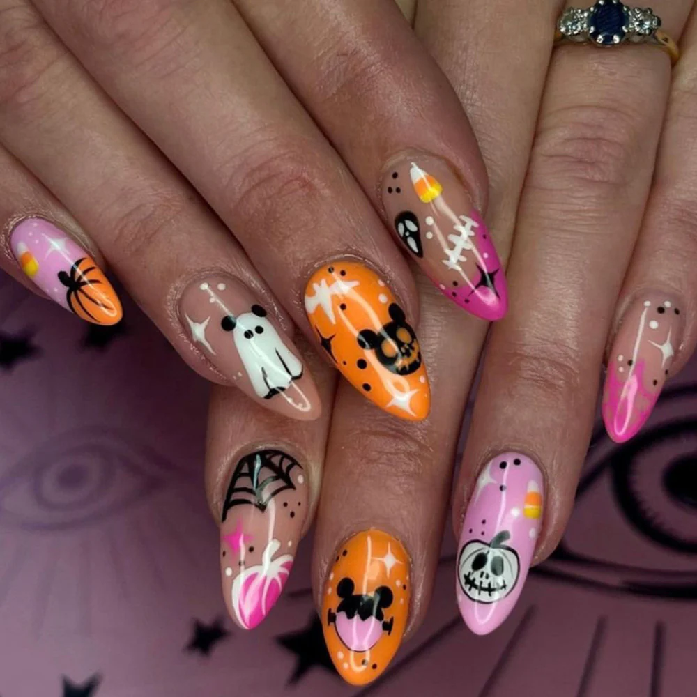Spooky Elegance Long Almond-Shaped Pink Orange Halloween Themed Press On Nail Set with Unique Ghost and Pumpkin Art Designs