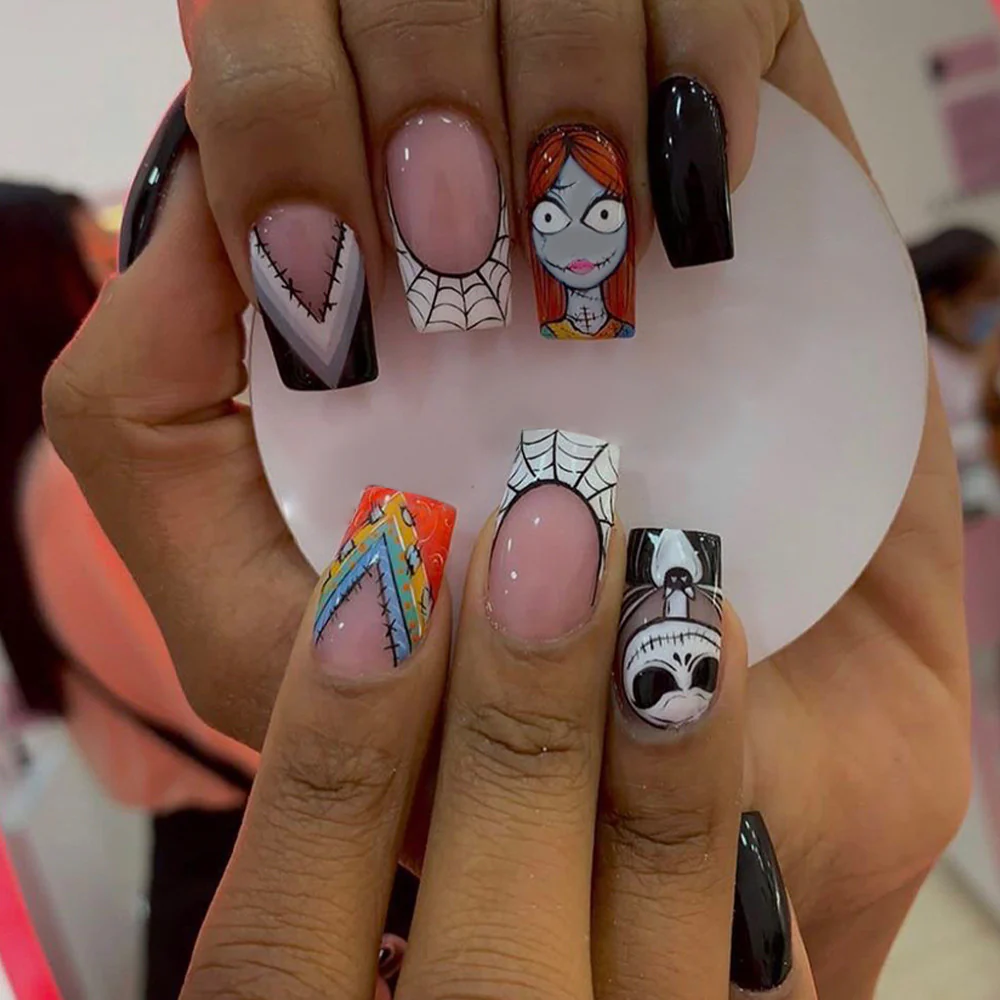 Spooky Elegance Long Coffin Multi-Color Press On Nail Set with Halloween Character Art Design