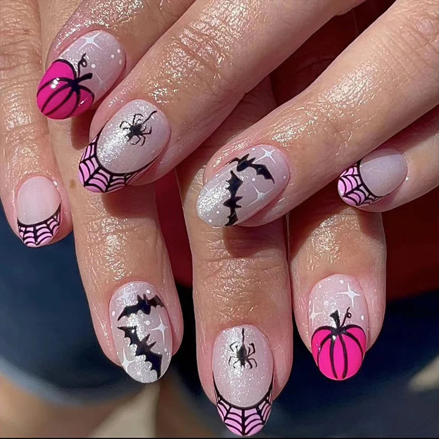 Spooky Elegance Long Oval Pink & Black Halloween Themed Press On Nail Set with Glitter Accent
