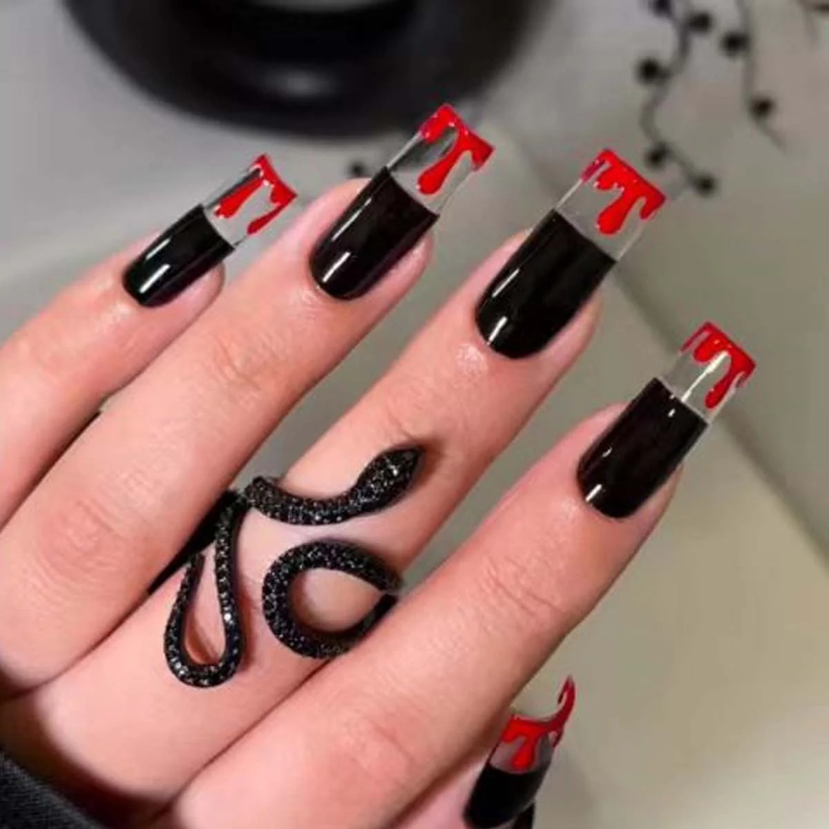 Spooky Elegance Long Square Black Press On Nails with Blood Drip Design