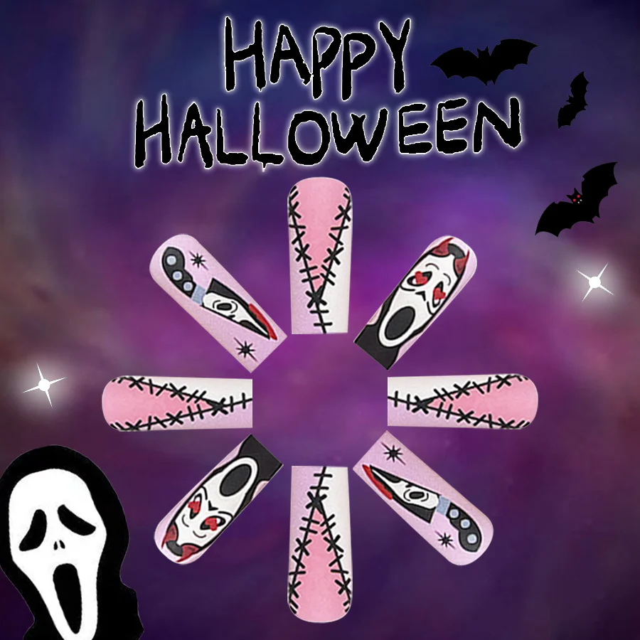 Spooky Elegance Long Square Pink Press On Nails With Ghostly Embellishments Perfect For Halloween Festivities