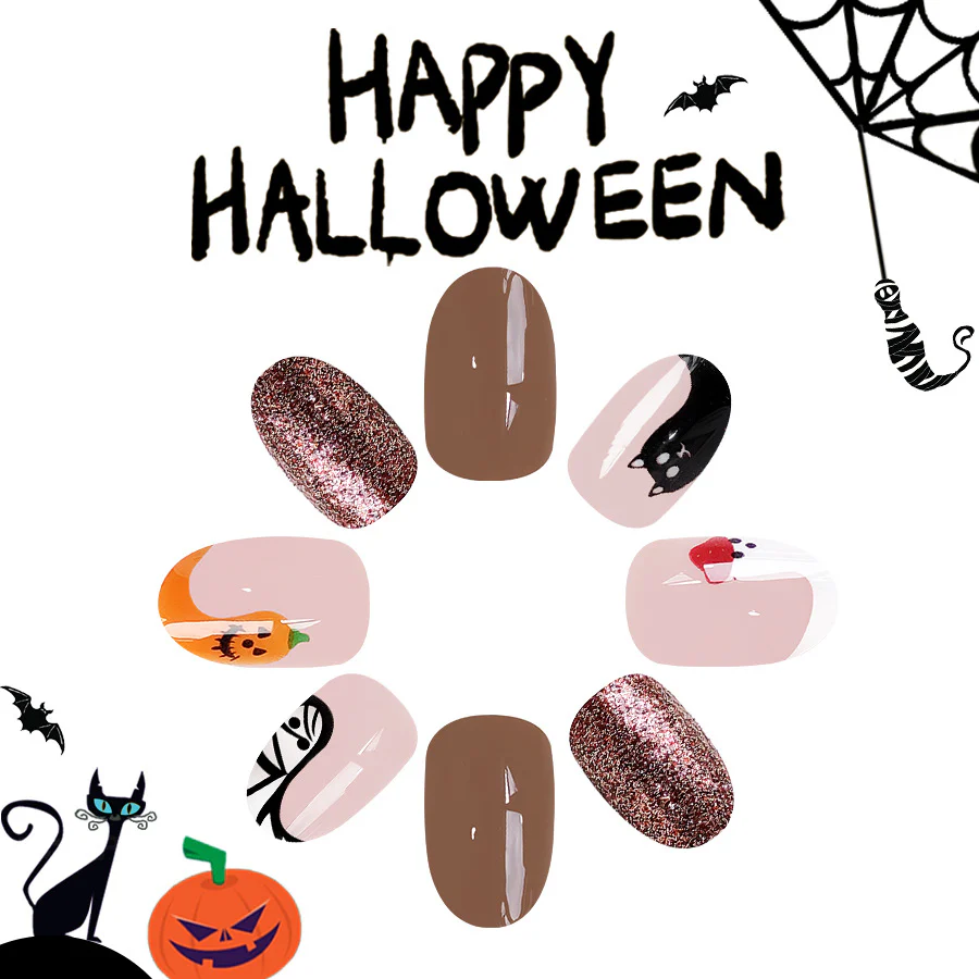Spooky Elegance Medium Oval Multicolor Halloween-Themed Press-On Nail Set with Glitter Accents and Playful Designs
