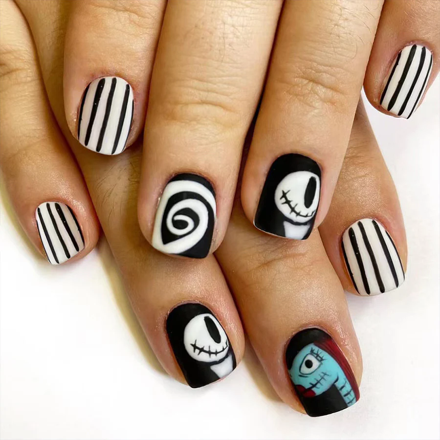 Spooky Elegance Short Length Square Press On Nails Set In Black And White With Character Accent Designs