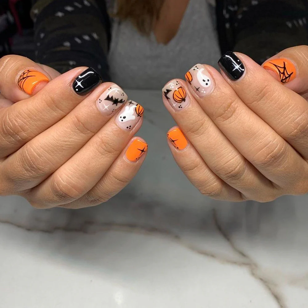 Spooky Elegance Short Length Square Shape Orange Black Halloween Themed Press On Nail Set with Fun Ghost and Bat Designs