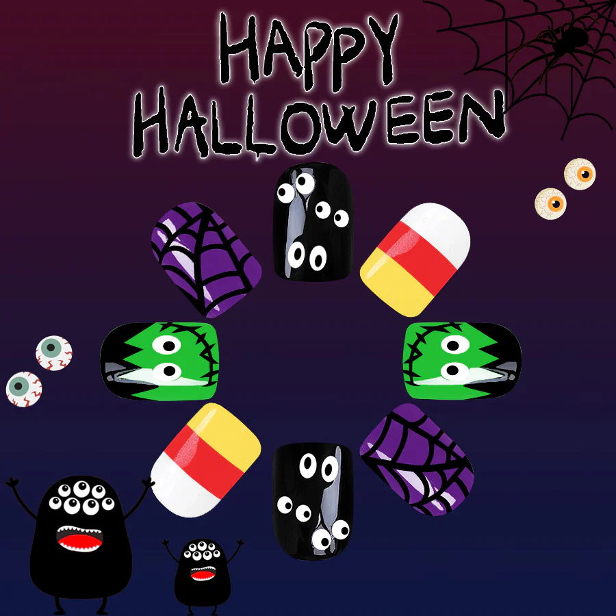 Spooky Elegance Short Square Multicolor Press On Nail Set with Halloween-Themed Designs