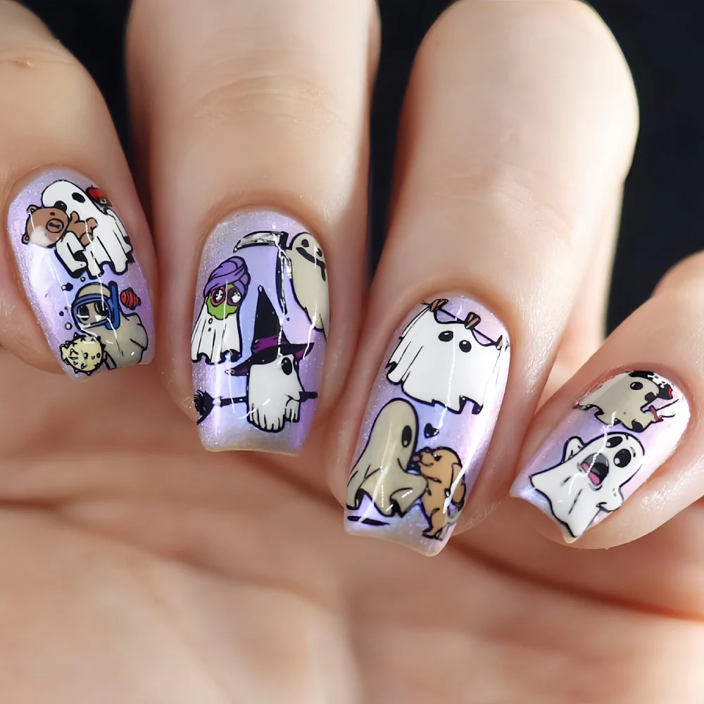 Spooky Ghostly Vibes Medium Coffin Lavender Press On Nail Set Featuring Fun Halloween Character Designs