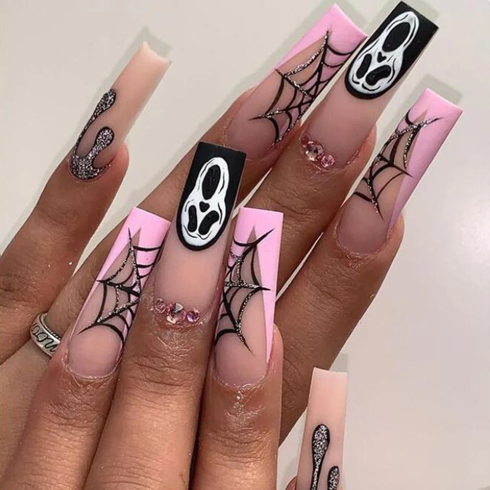 Spooky Glam Long Coffin Pink And Black Press On Nail Set With Spider Web And Ghost Design