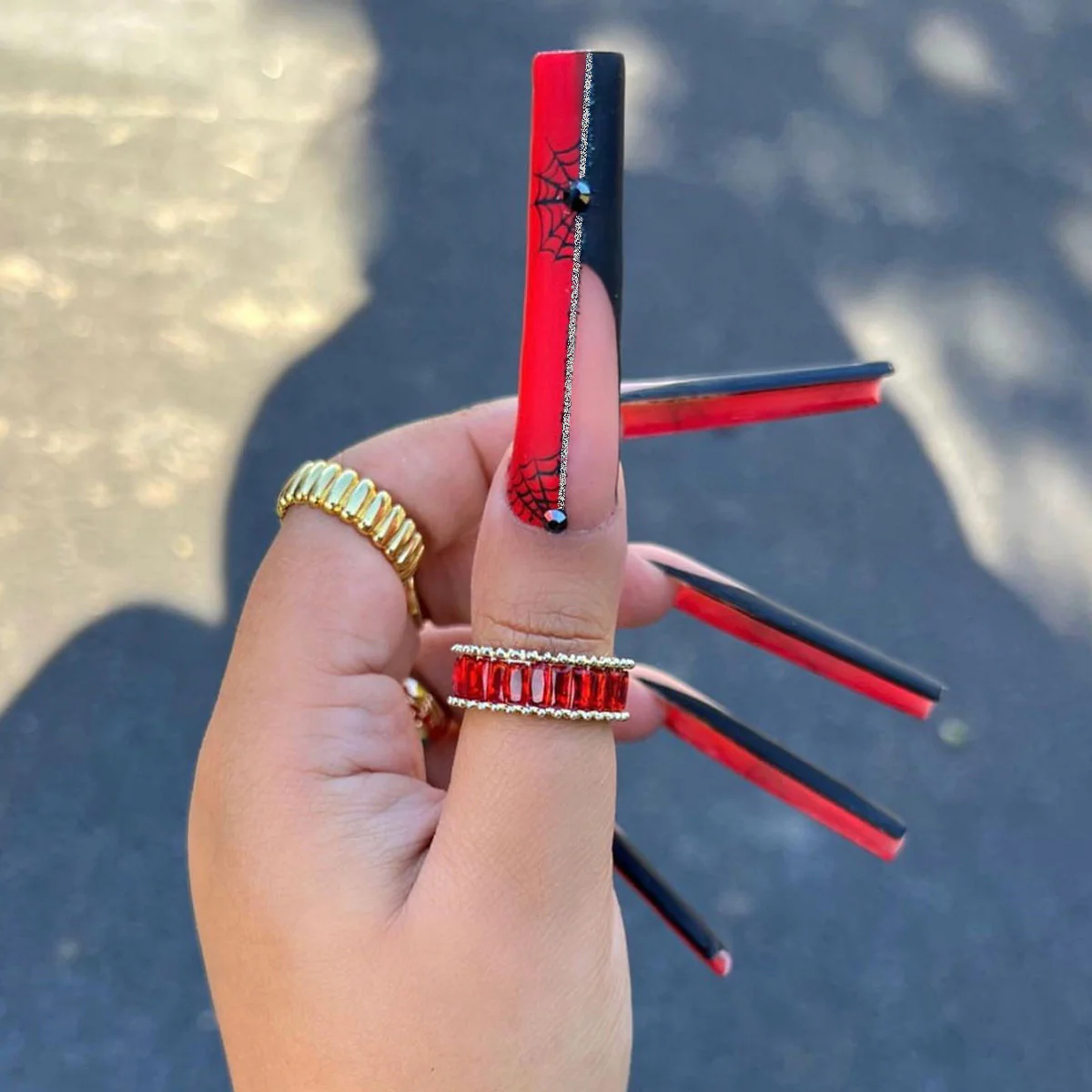 Spooky Glam Long Square Press On Nails Red and Black with Spider Web Design and Rhinestone Accent
