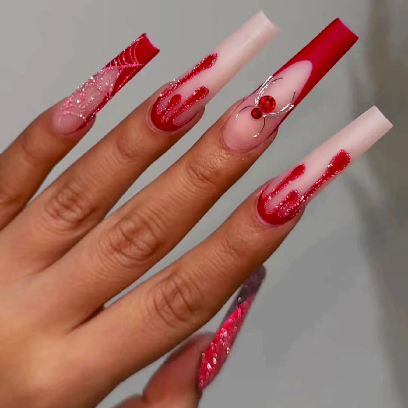 Spooky Glam Long Square Press On Nails Red Ombré with Glitter and Spider Accent