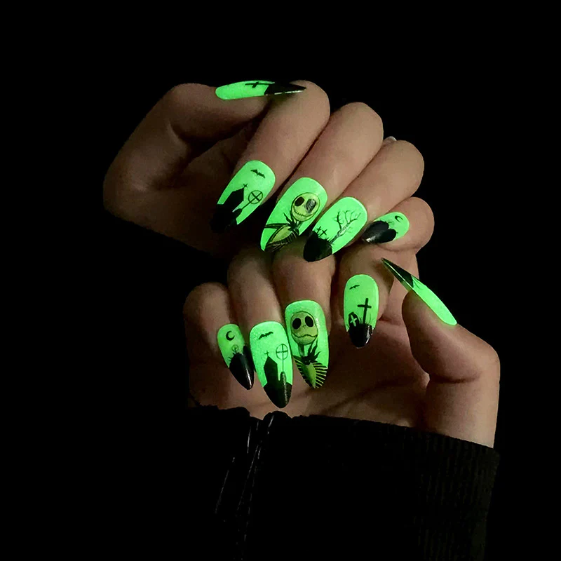 Spooky Glow In The Dark Halloween Medium Oval Neon Green Press On Nail Set With Eerie Character Art
