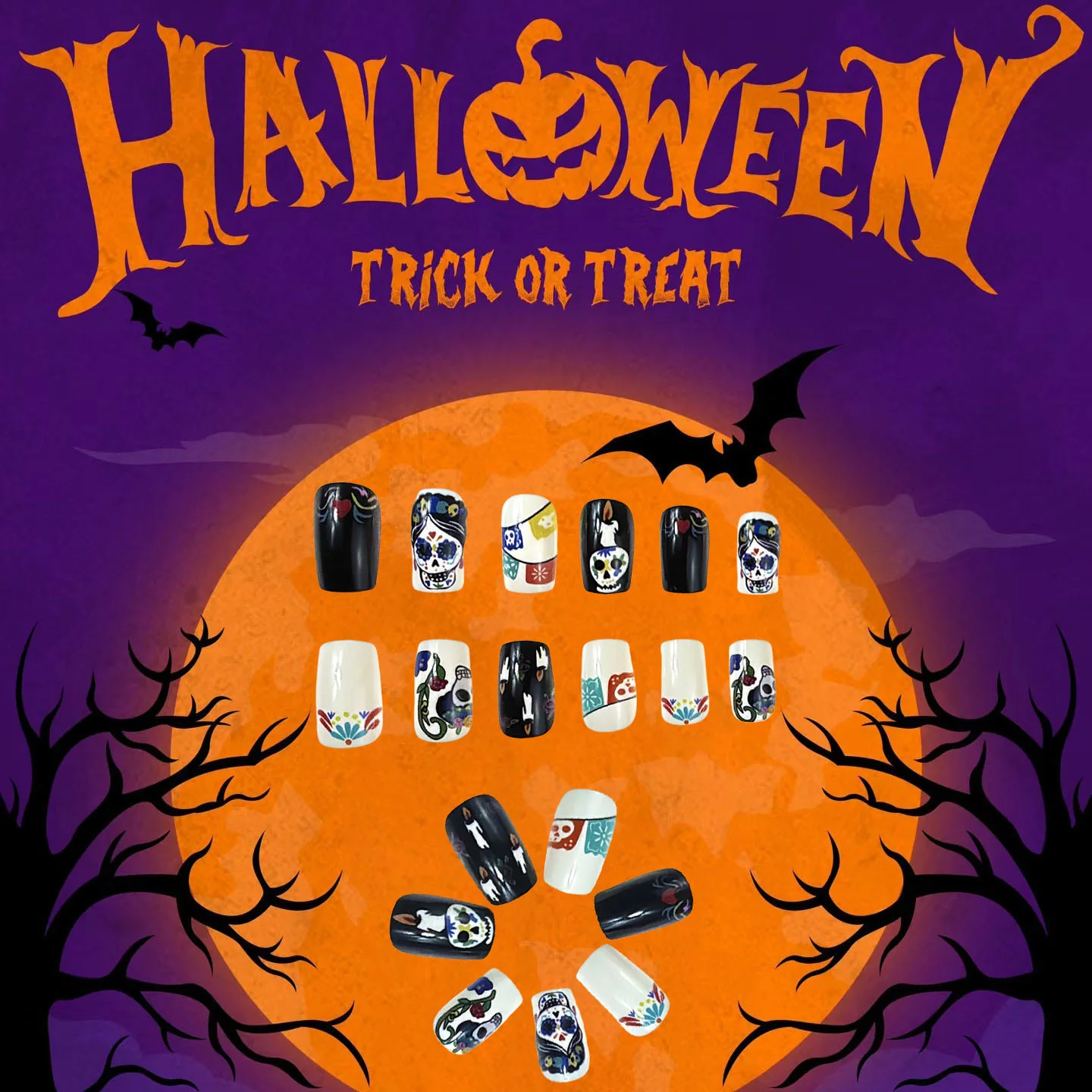 Spooky Halloween Long Square Press On Nail Set Black White Colorful Skull Design