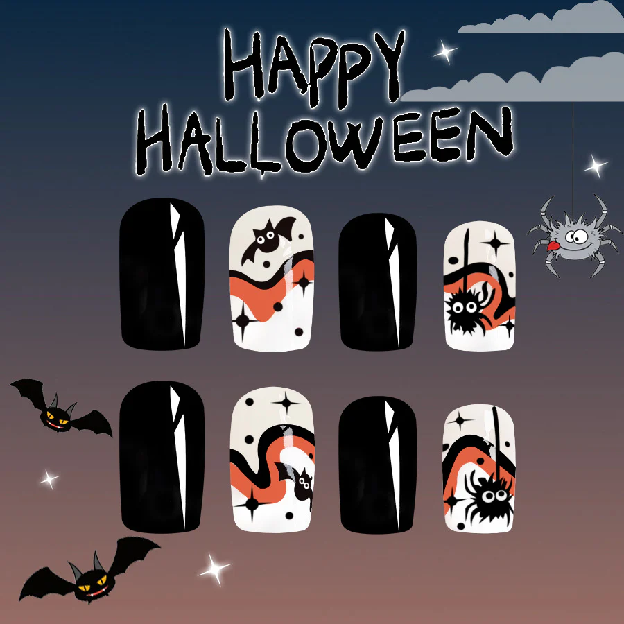 Spooky Halloween Medium Square Black and White Press On Nail Set with Cartoon Ghosts and Bats Design