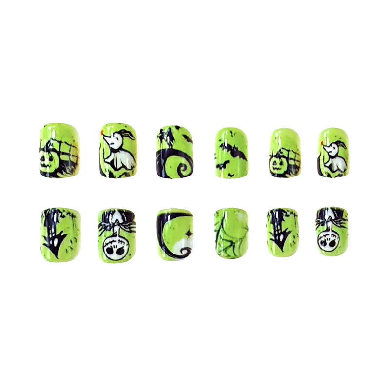 Spooky Halloween Short Oval Green Press On Nail Set With Unique Ghost And Pumpkin Designs