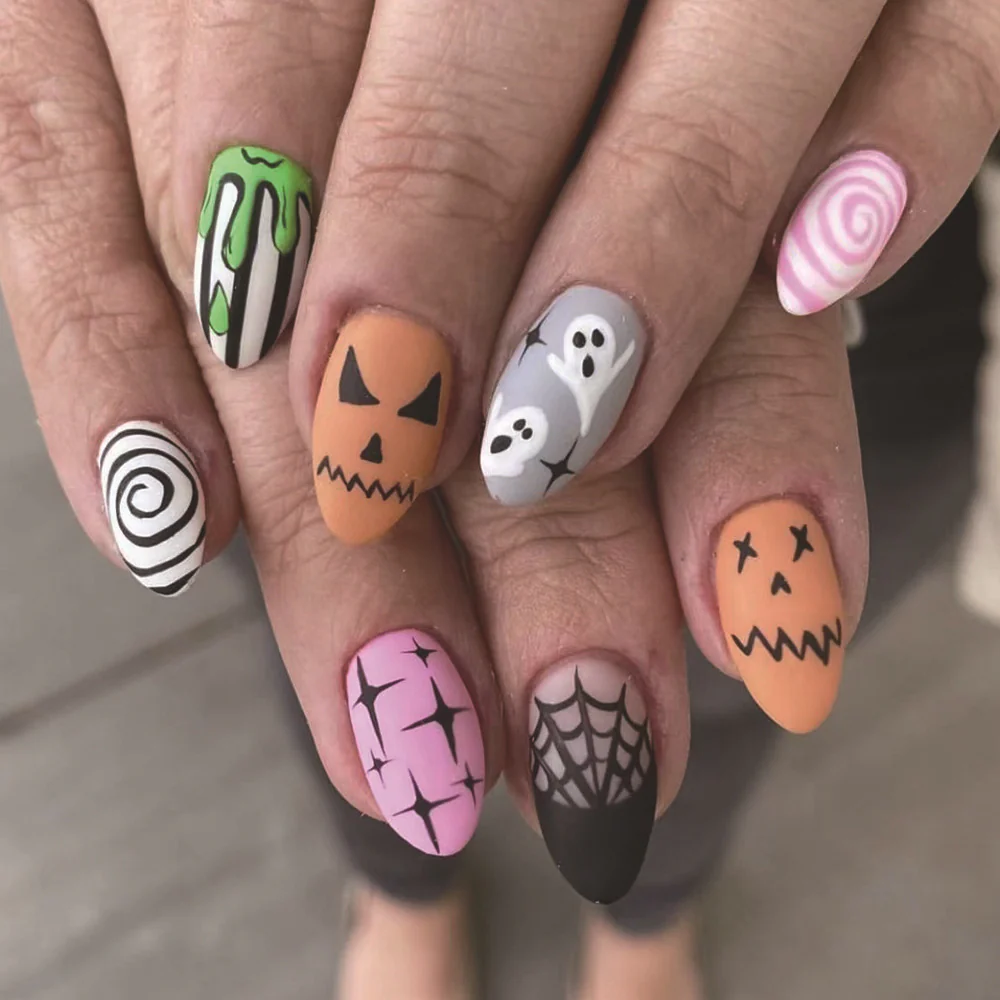 Spooky Halloween Themed Long Almond Orange Green Black Purple Press On Nail Set with Ghosts and Jack O'Lantern Designs