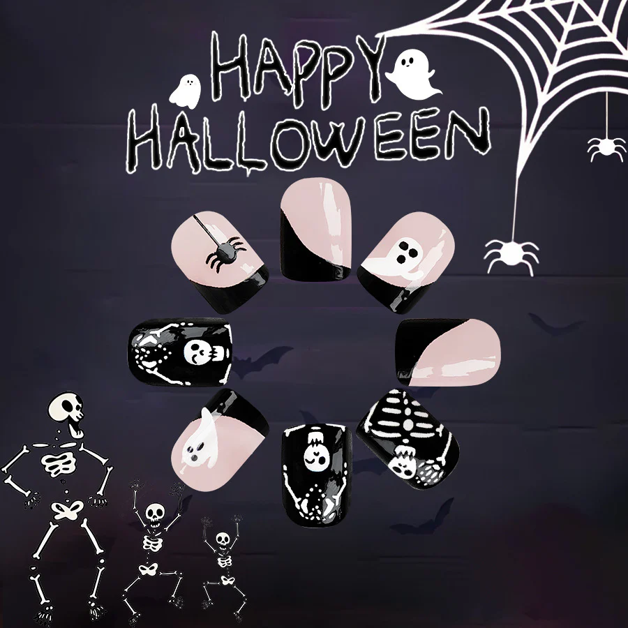 Spooky Halloween Themed Short Length Square Shape Black and Beige Press On Nails with Ghost and Skeleton Designs