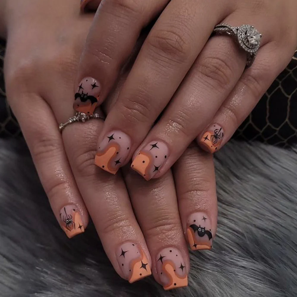 Spooky Halloween Themed Short Square Orange Press On Nail Set with Fun Bat and Spider Designs