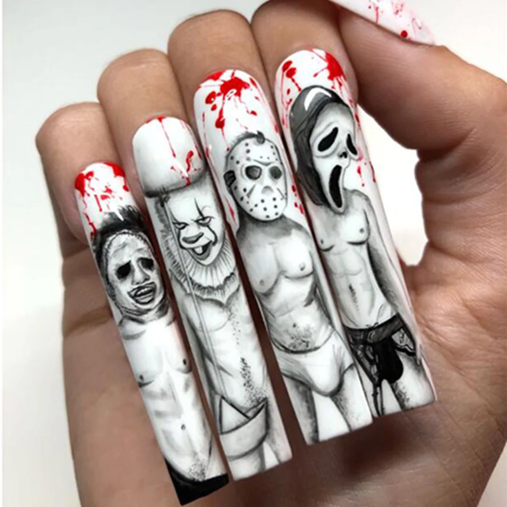 Spooky Horror Themed Extra Long Square Press On Nail Set With Black And White Graphic Characters And Blood Splatter Effect