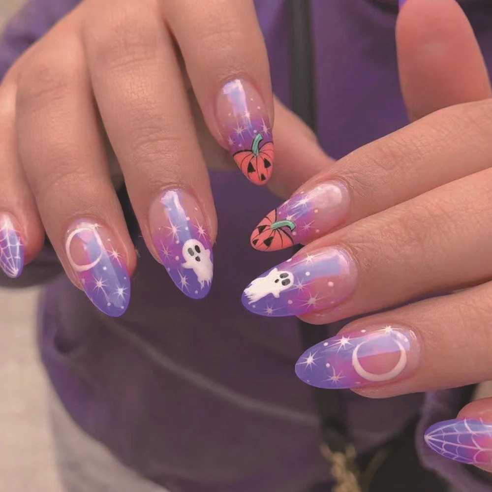 Spooky Nights Long Almond Purple Gradient Press On Nail Set with Ghosts and Pumpkins