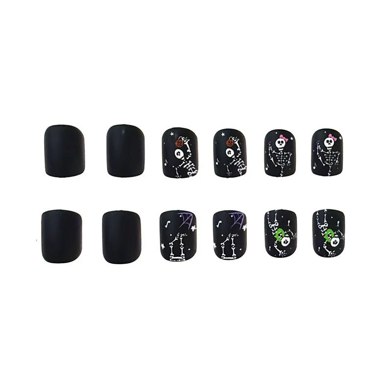 Spooky Skeletons Matte Black Short Oval Press On Nail Set with Fun Halloween Designs