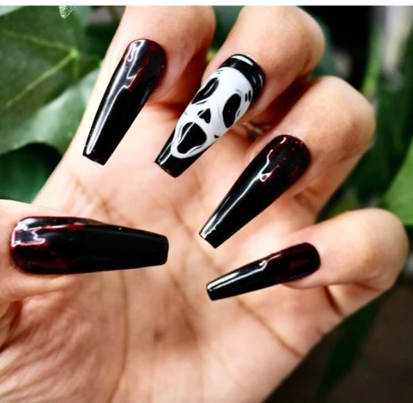 Spooky Vibes Long Coffin Black Press On Nail Set With Horror Ghost Design And Red Accents
