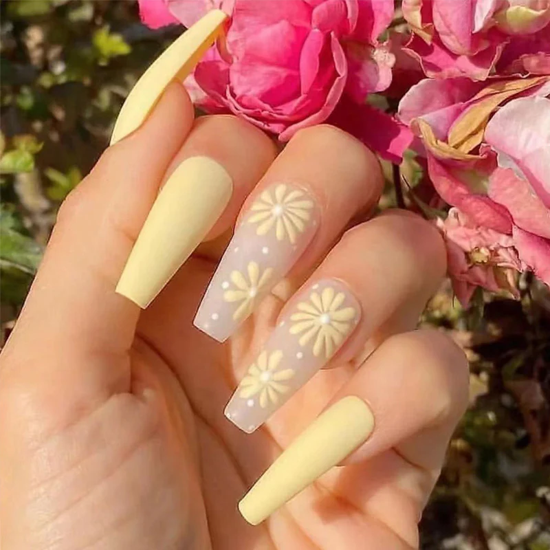Spring Blossom Long Coffin Matte Yellow and Sheer Daisies Press On Nail Set