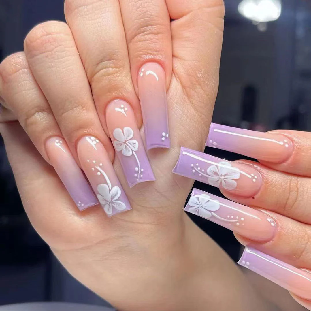 Spring Blossom Long Square Gradient Purple Press On Nails with Floral Accents