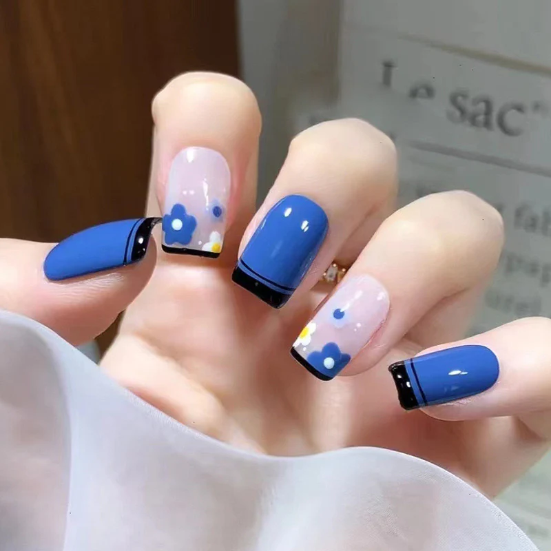 Spring Blossom Magic Medium Square Blue Press On Nails with Floral Accents and Sheer Pink Base