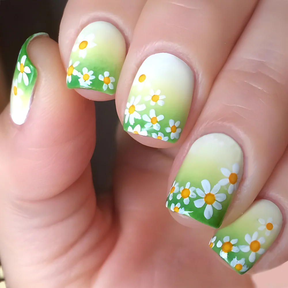 Spring Blossom Short-Length Square Green and Yellow Ombre Press On Nails with Daisy Flower Accents