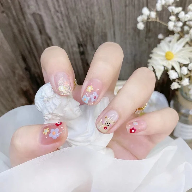 Spring Blossom Short Square Pink Press On Nails with Floral Accents and Glitter Detail