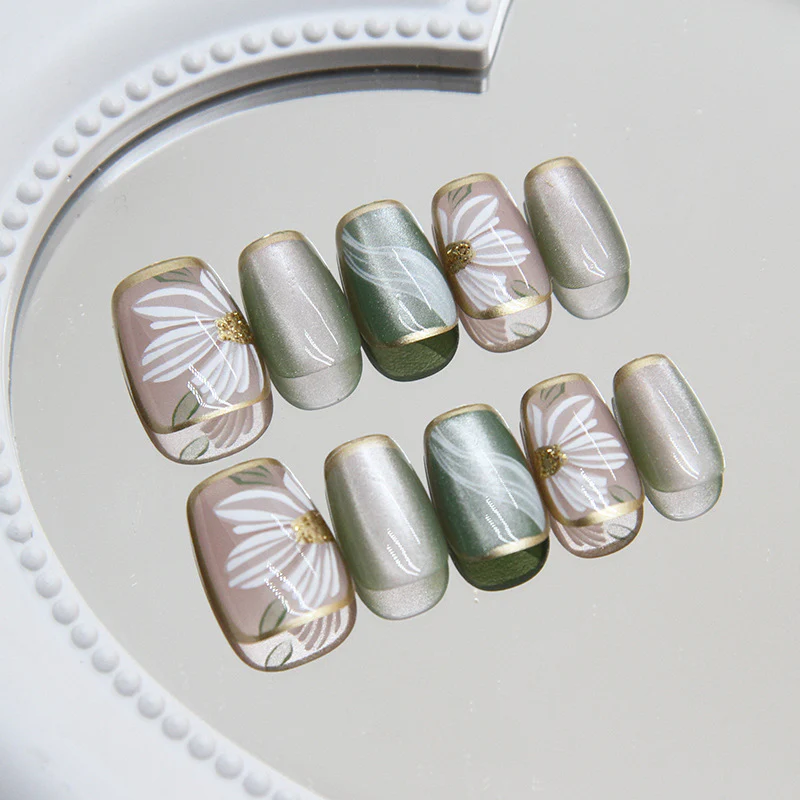 Spring Blossom Short Square Press On Nail Set, Gold Accent Floral Design in Soft Pastels