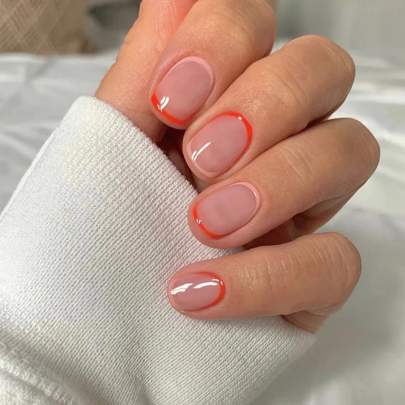 Spring Elegance Short-Length Squoval Peach Press On Nails with Orange Accent Tips