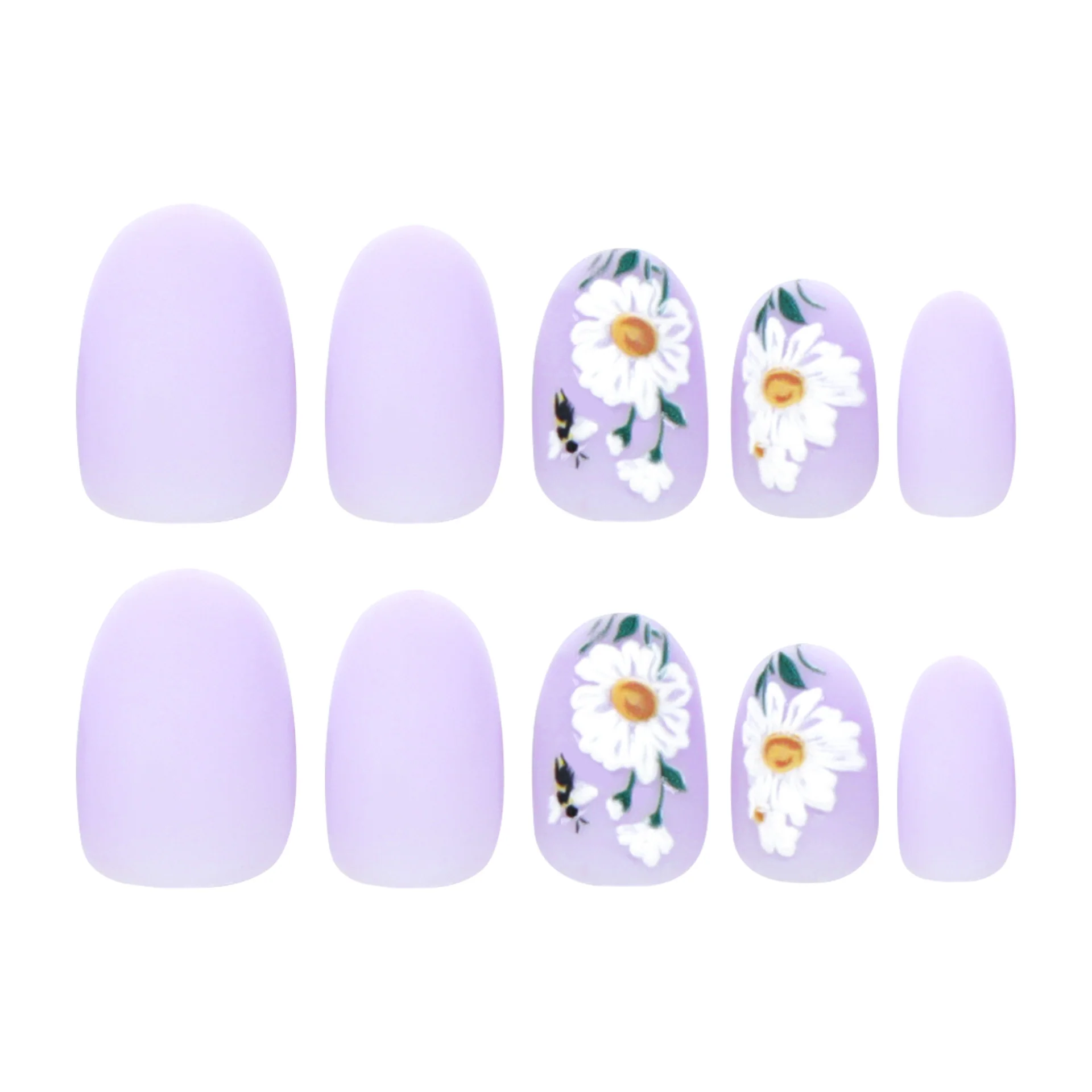 Springtime Floral Elegance Medium Oval Matte Lavender Press On Nail Set with Hand-Painted Daisy and Bee Design