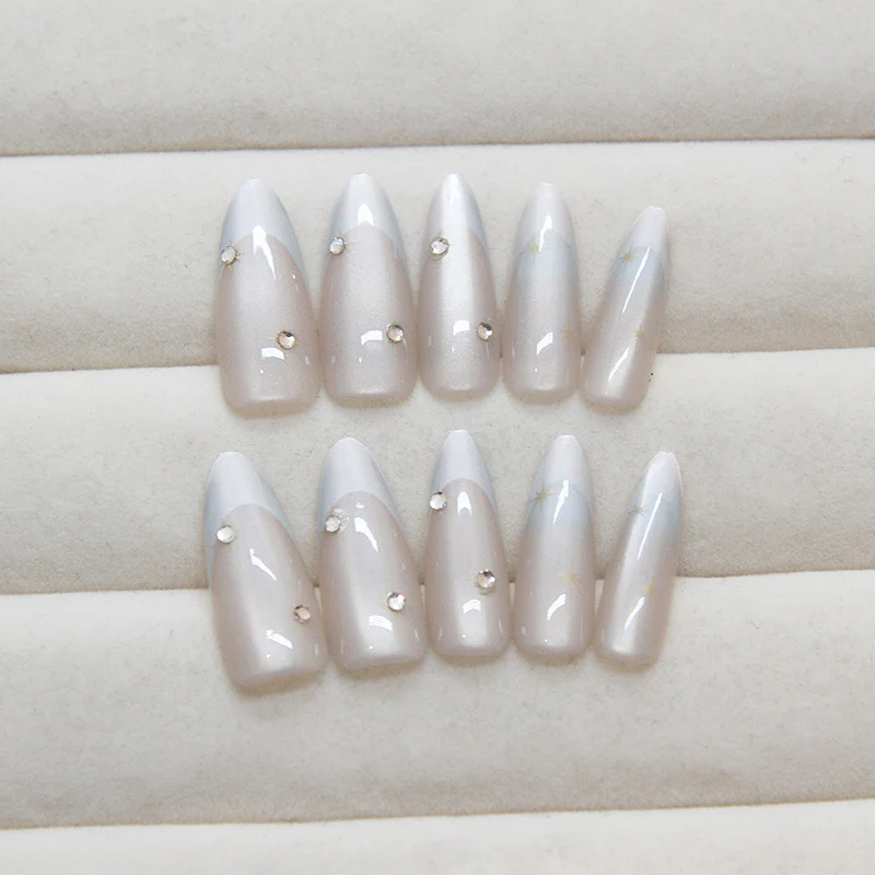 Starry Elegance Long Almond Gray Press On Nails with Silver Accents and Rhinestones