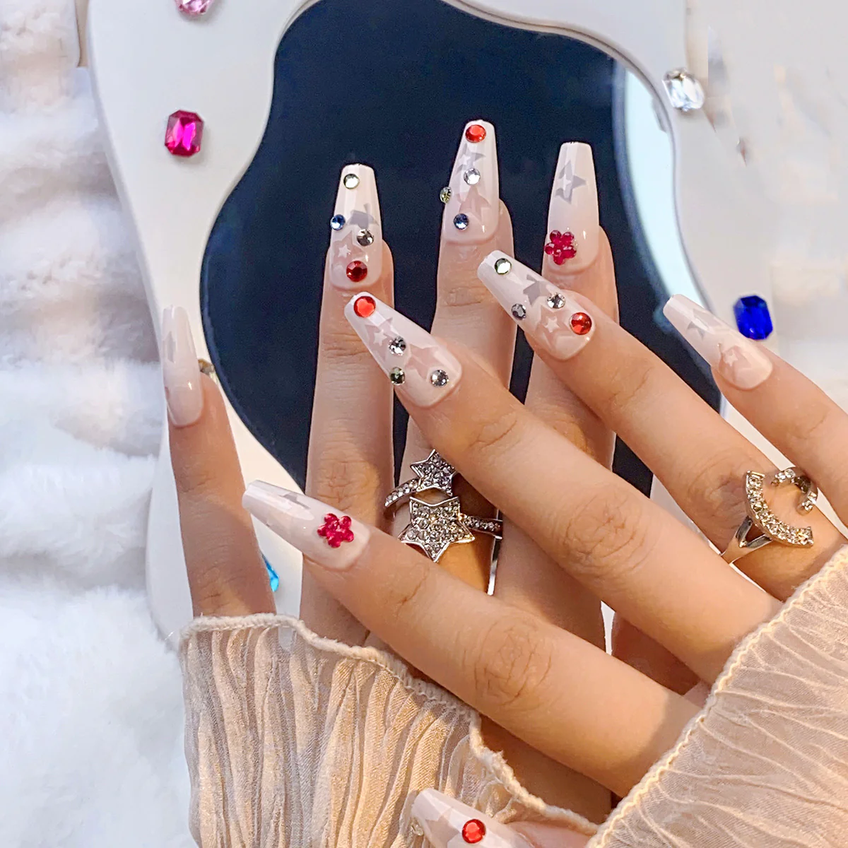 Starry Elegance Long Coffin Beige Press On Nail Set with Rhinestone Accents