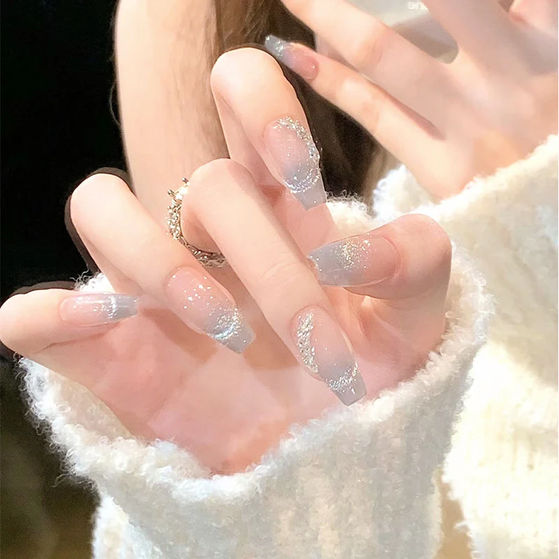 Starry Elegance Medium Coffin Clear Press On Nails with Sparkling Glitter Detail