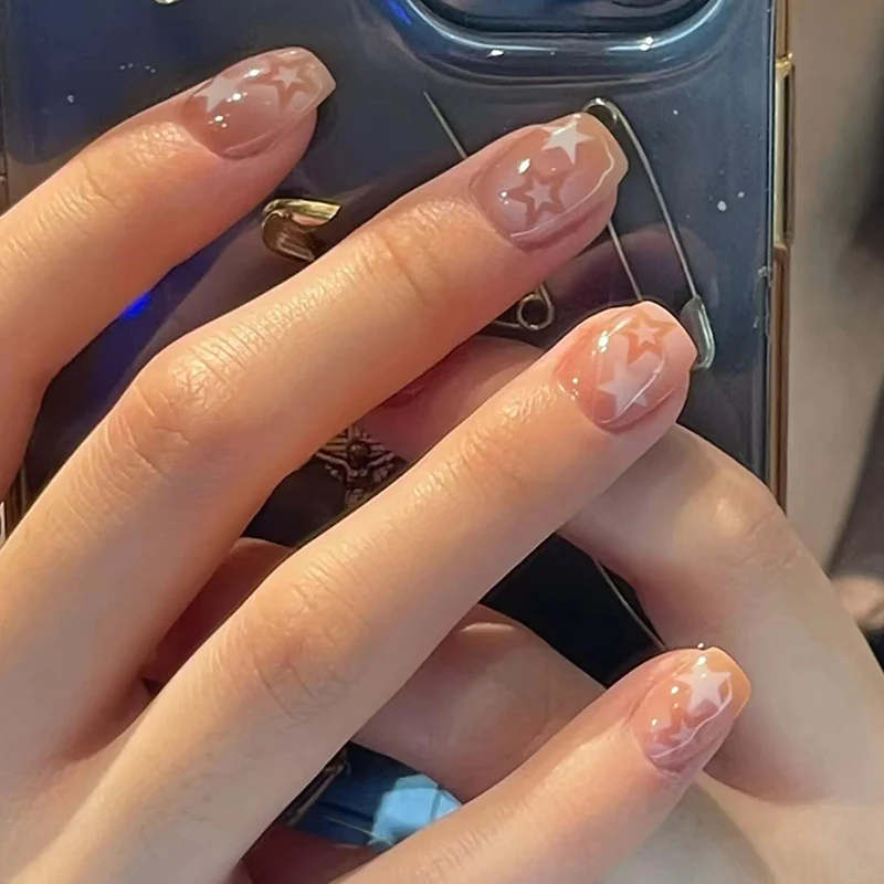 Starry Night Elegance Medium Square Beige with Peach Star Accents Press On Nail Set