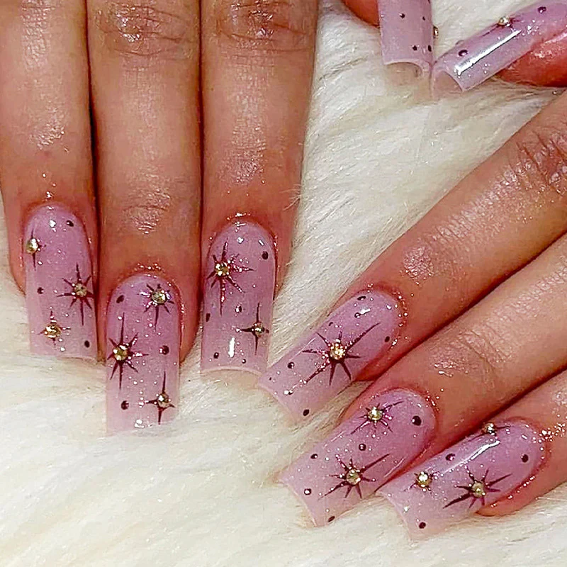 Starry Night Lavender Long Coffin Shaped Press On Nail Set with Sparkling Rhinestones