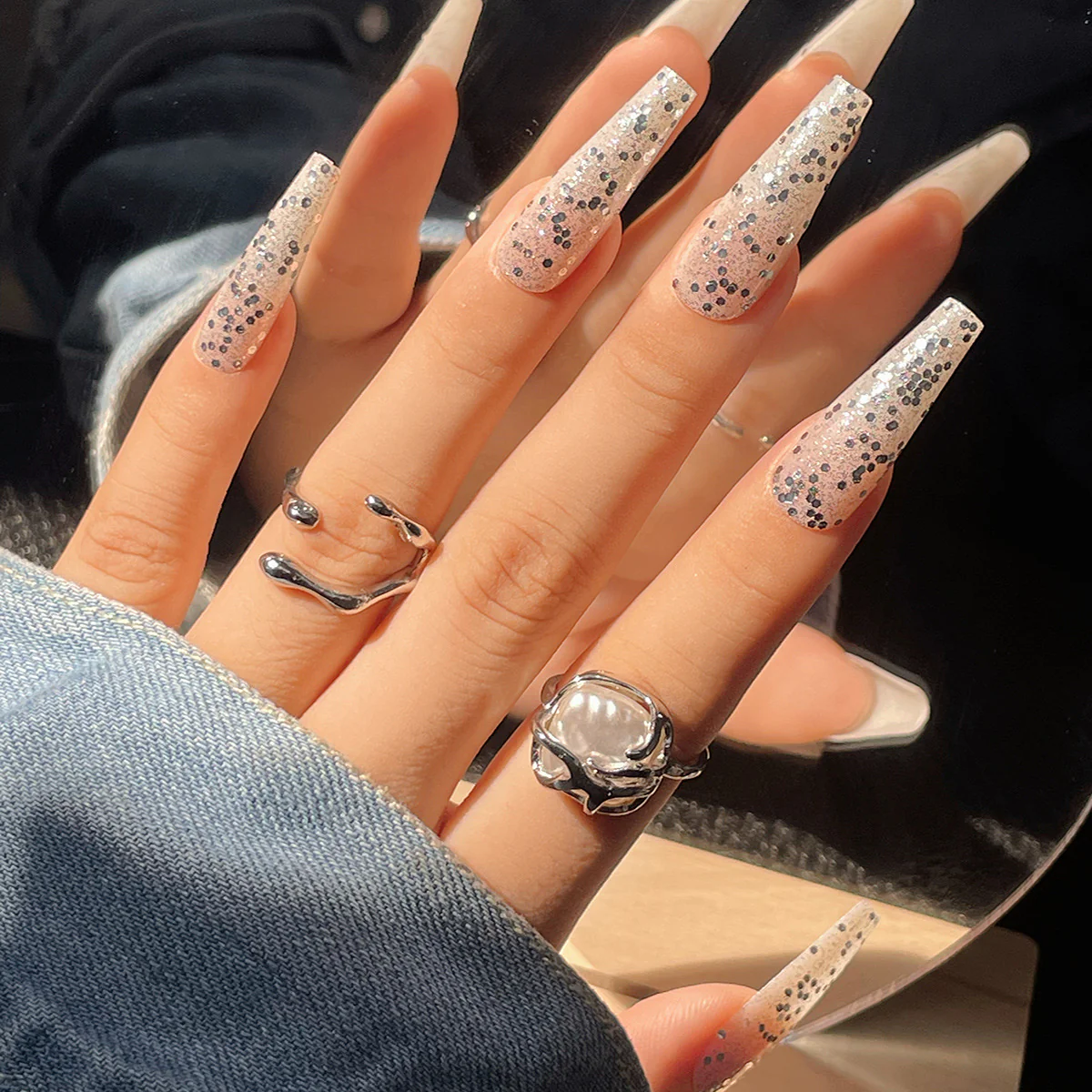 Starry Night Long Coffin Glittering Silver Press On Nail Set with Sparkling Accents