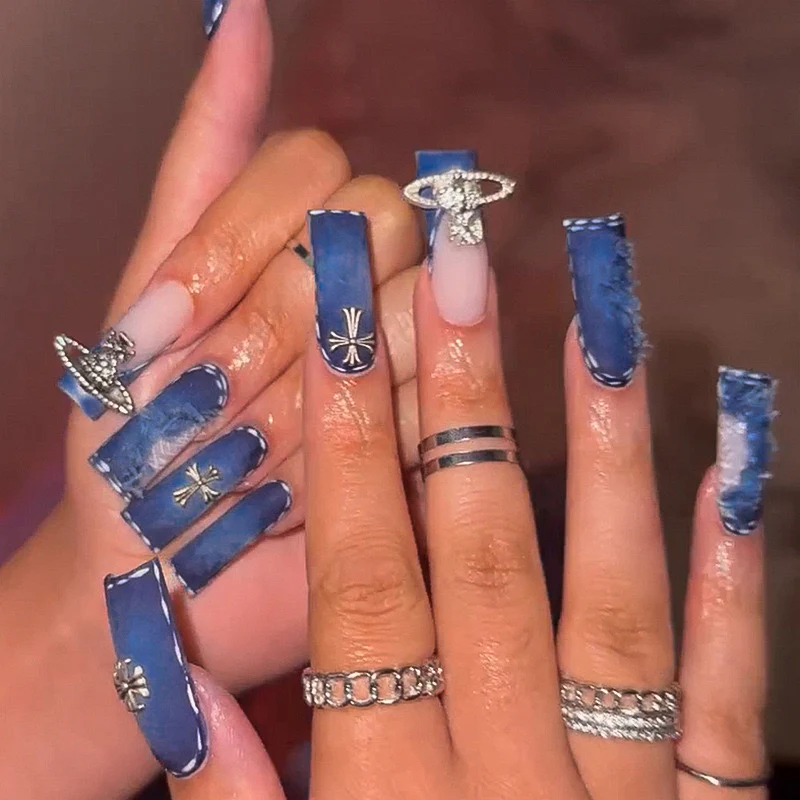 Starry Night Long Square Navy Blue Press-On Nails with Textured Matte Finish and Silver Star Accents