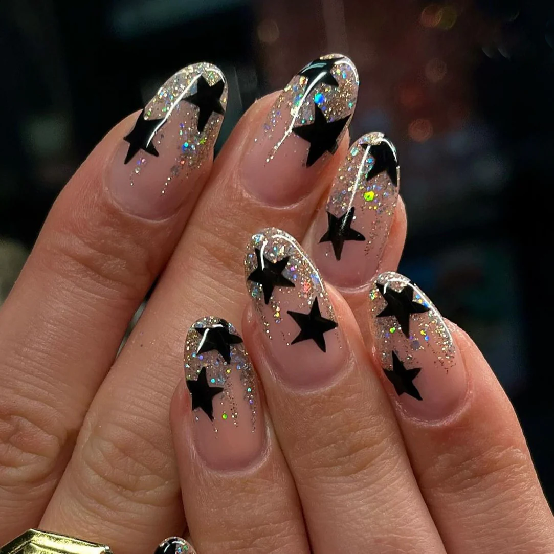 Starry Night Sparkle Medium Oval Black Glitter Press On Nail Set with Holographic Accents