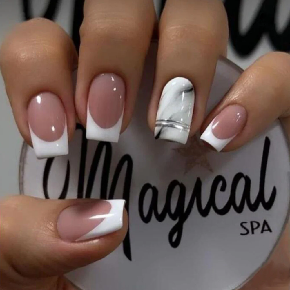 Start The Process Medium Square White Marble Press On Nails