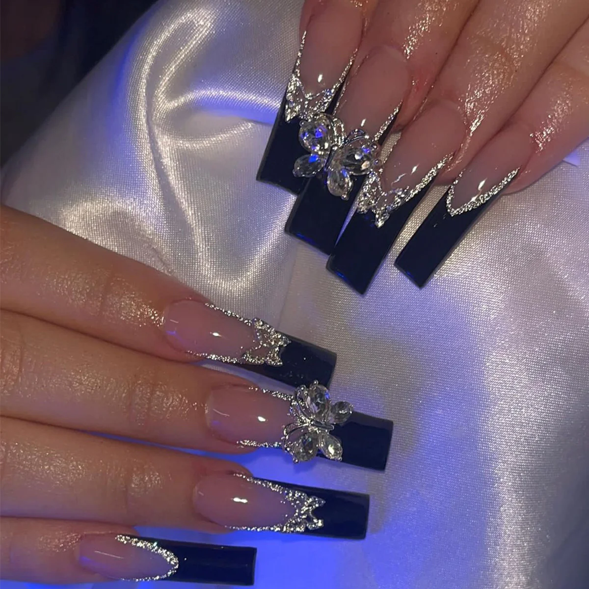Stellar Long Square Black Studded Press On Nails