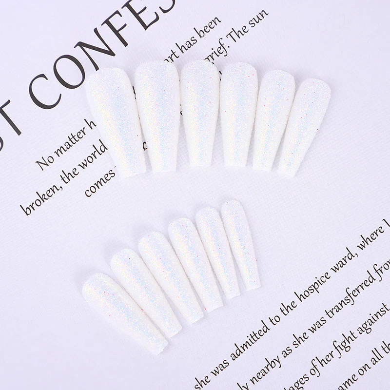 Stellar Sparkle Long Coffin White Iridescent Glitter Press On Nail Set for a Dazzling Manicure