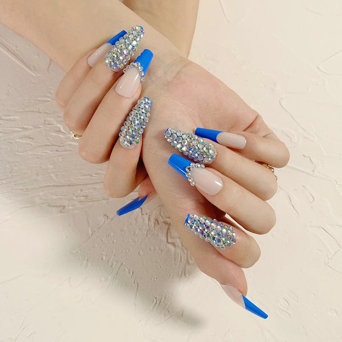 Step Back Girl Long Coffin Blue Studded Press On Nails