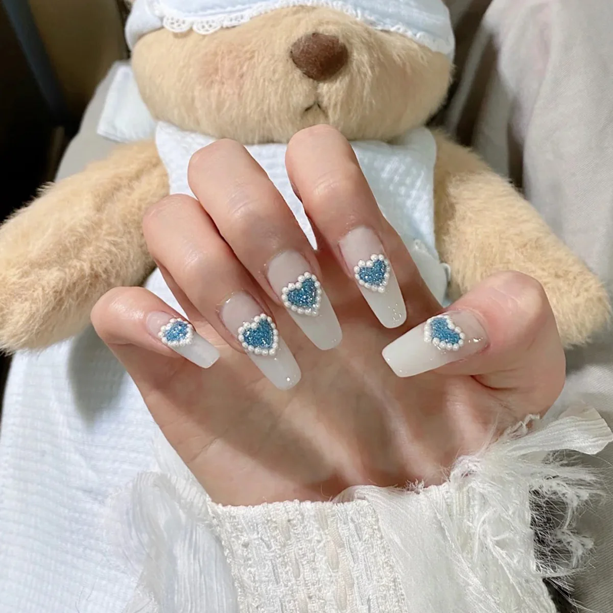 Stud Heart Long Coffin White Hearts Press On Nails