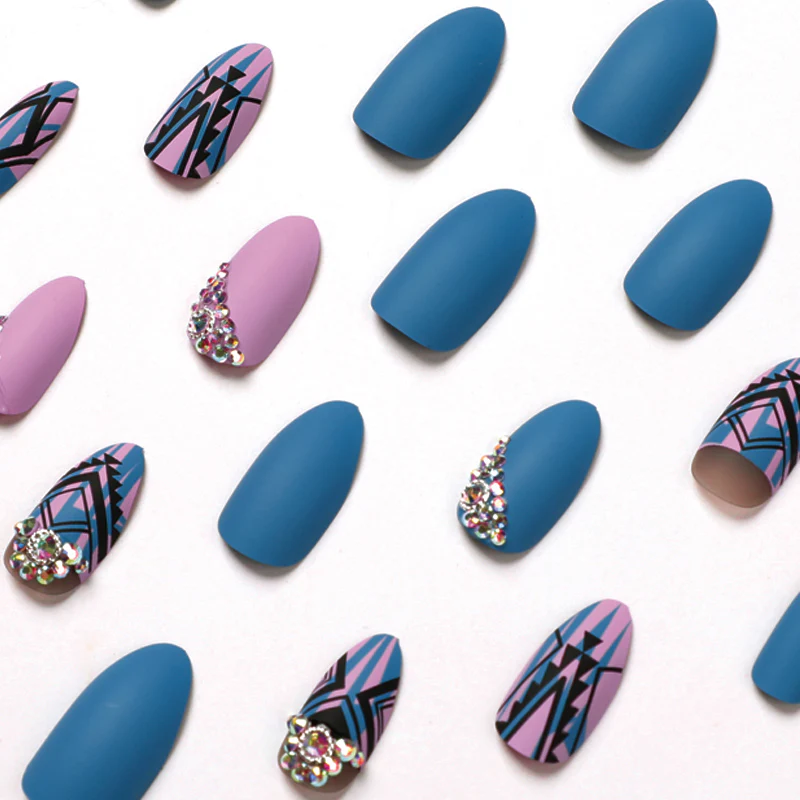 Studded Ruins Short Stiletto Blue Pattern Press On Nails - Image 2